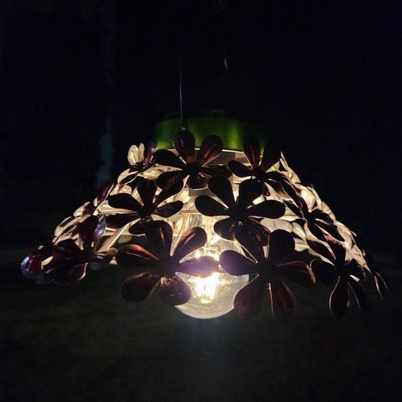 PINK FUCHSIA-Metal Flower Solar Lantern Accent Light - Yard Art - Garden Decor - Picture 1 of 4